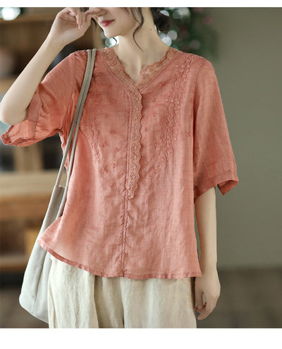 Blusa de Lino Ramio con Cuello en V y Encaje Bordado para Mujer - Image 7