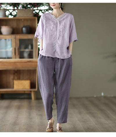 Blusa de Lino Ramio con Cuello en V y Encaje Bordado para Mujer - Image 8