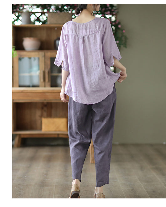 Blusa de Lino Ramio con Cuello en V y Encaje Bordado para Mujer - Image 10