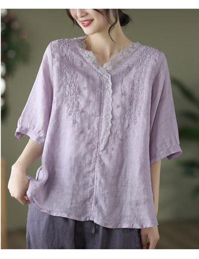 Blusa de Lino Ramio con Cuello en V y Encaje Bordado para Mujer - Image 11