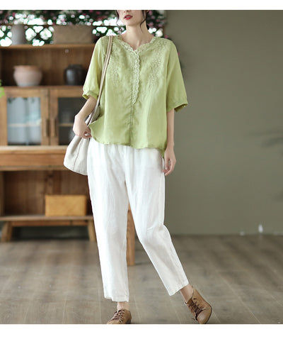 Blusa de Lino Ramio con Cuello en V y Encaje Bordado para Mujer - Image 13