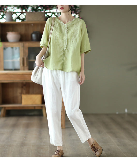 Blusa de Lino Ramio con Cuello en V y Encaje Bordado para Mujer - Image 13