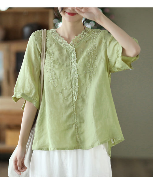 Blusa de Lino Ramio con Cuello en V y Encaje Bordado para Mujer - Image 14