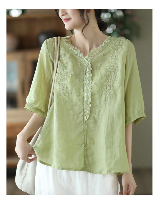 Blusa de Lino Ramio con Cuello en V y Encaje Bordado para Mujer - Image 15