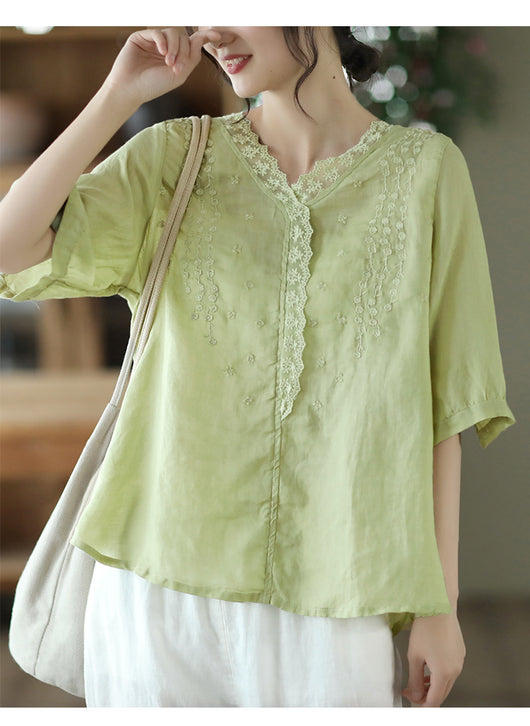 Blusa de Lino Ramio con Cuello en V y Encaje Bordado para Mujer - Image 16