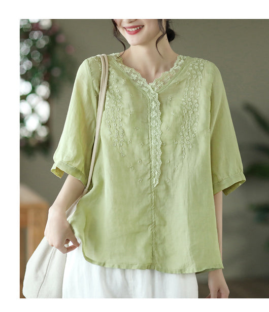 Blusa de Lino Ramio con Cuello en V y Encaje Bordado para Mujer - Image 17