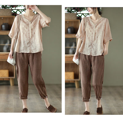 Blusa de Lino Ramio con Cuello en V y Encaje Bordado para Mujer - Image 18