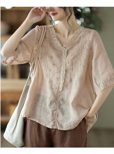 Blusa de Lino Ramio con Cuello en V y Encaje Bordado para Mujer - Image 19
