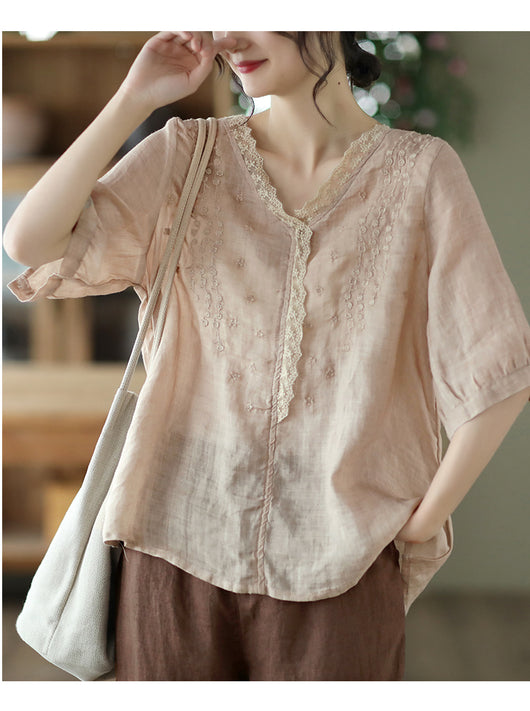 Blusa de Lino Ramio con Cuello en V y Encaje Bordado para Mujer - Image 19