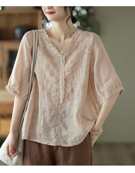 Blusa de Lino Ramio con Cuello en V y Encaje Bordado para Mujer - Image 20