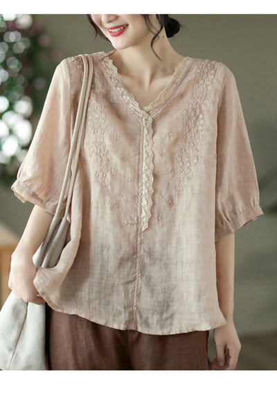 Blusa de Lino Ramio con Cuello en V y Encaje Bordado para Mujer - Image 21