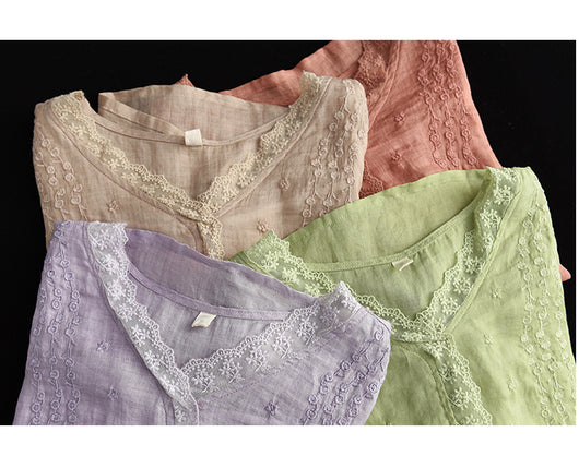 Blusa de Lino Ramio con Cuello en V y Encaje Bordado para Mujer - Image 22