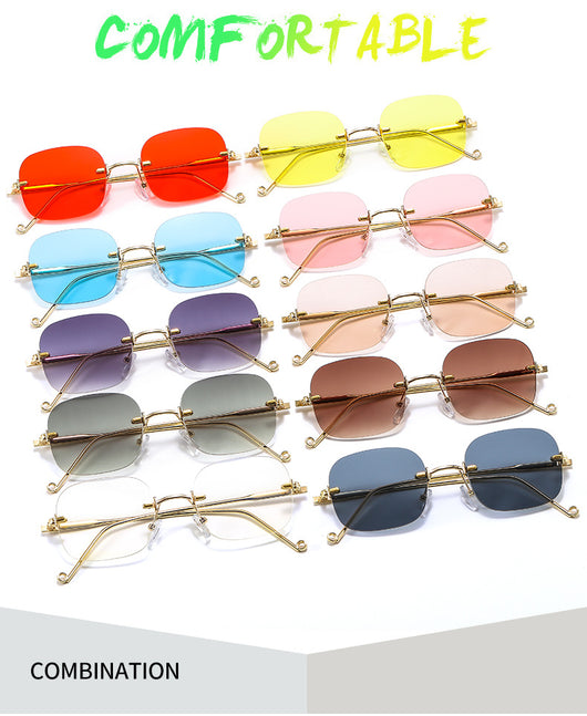 Frameless square sunglasses featuring vibrant blue lenses and sleek gold-colored metal temples and bridge. - Image 13