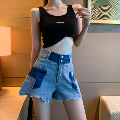 Shorts de Mezclilla Cintura Alta Borde Crudo Contraste Pierna Ancha - Image 13