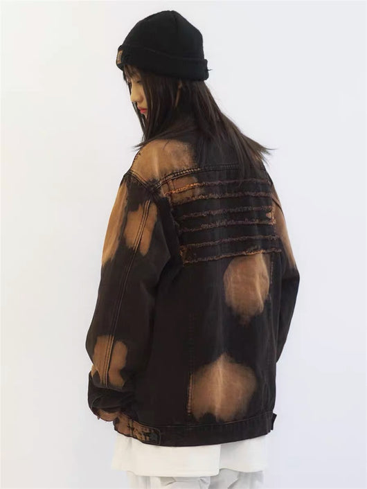 Chaqueta Denim Tie Dye con Estampado de Letras - Diseño Oversize Europeo - Image 7