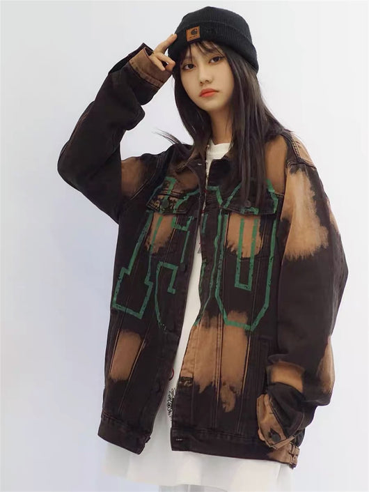 Chaqueta Denim Tie Dye con Estampado de Letras - Diseño Oversize Europeo - Image 8