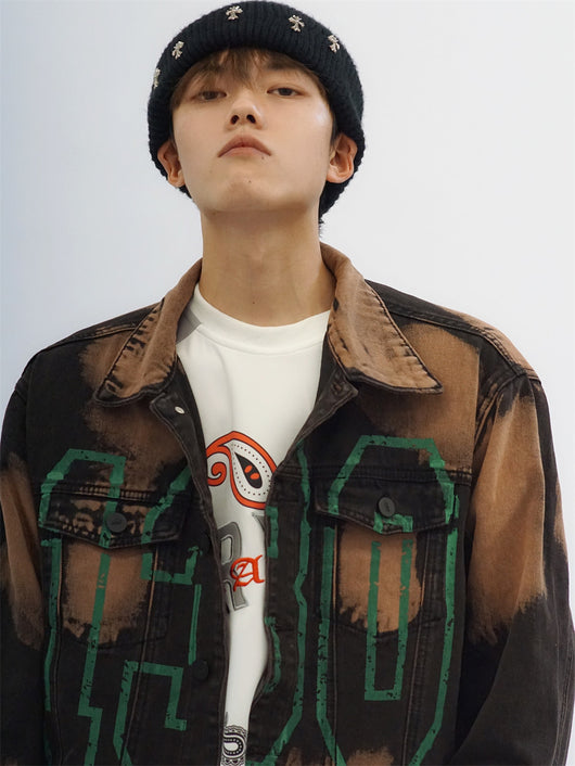 Chaqueta Denim Tie Dye con Estampado de Letras - Diseño Oversize Europeo - Image 9