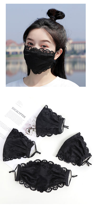 Black lace face mask with embroidered floral pattern and adjustable ear loops, designed for ladies. - Image 7