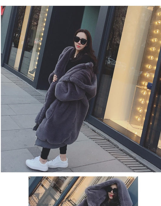 Abrigo Largo Acolchado con Capucha de Piel de Conejo Rex para Mujer - Image 15