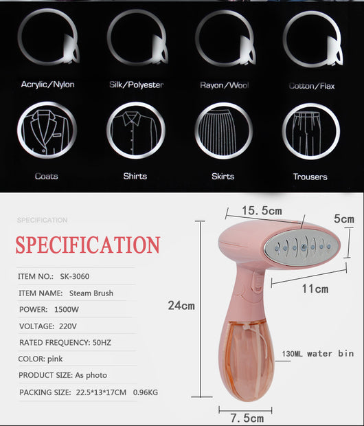 Pink handheld garment steamer with a clear water tank, silver soleplate, and a detachable brush attachment. - Image 10