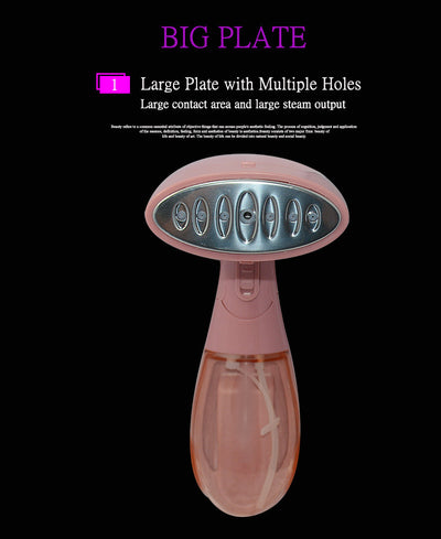 Pink handheld garment steamer with a clear water tank, silver soleplate, and a detachable brush attachment. - Image 12