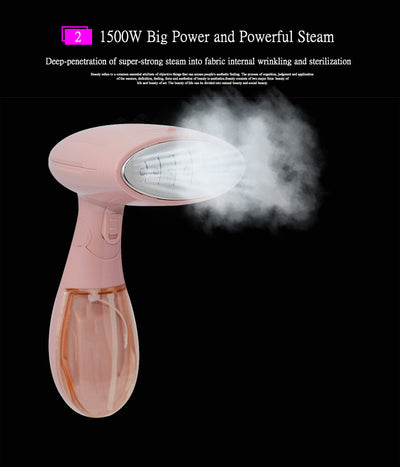 Pink handheld garment steamer with a clear water tank, silver soleplate, and a detachable brush attachment. - Image 13