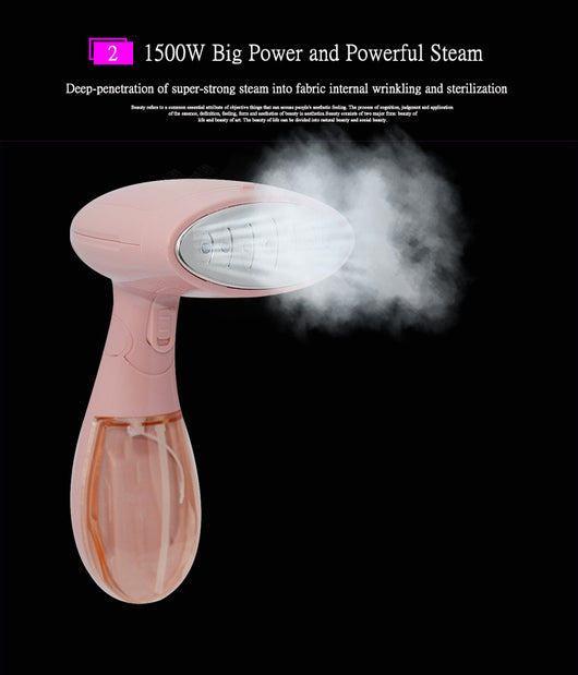 Pink handheld garment steamer with a clear water tank, silver soleplate, and a detachable brush attachment. - Image 13