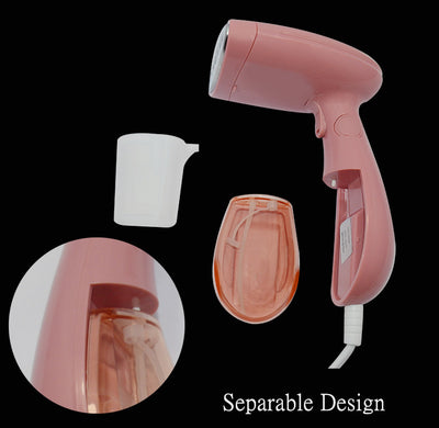 Pink handheld garment steamer with a clear water tank, silver soleplate, and a detachable brush attachment. - Image 15