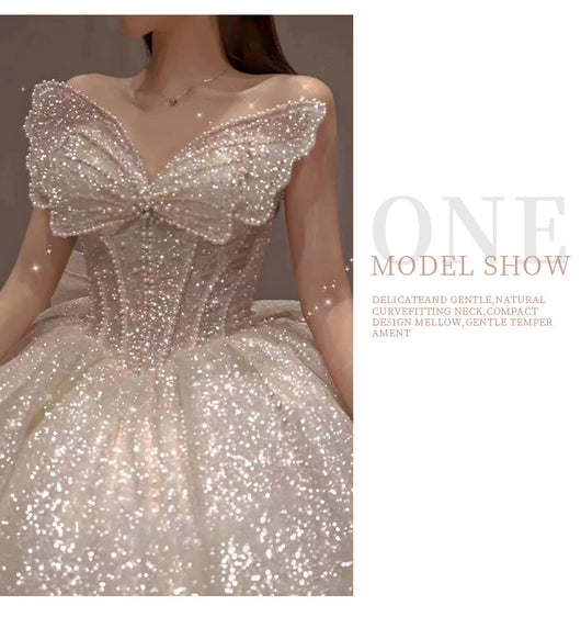 Vestido de Novia Retro con Hombro Descubierto y Cola Larga de Lujo - Image 9