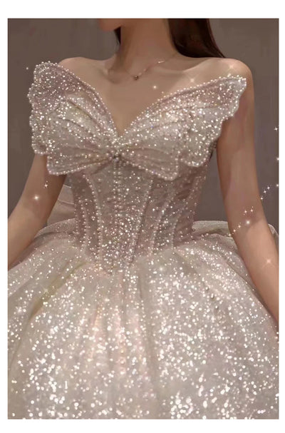 Vestido de Novia Retro con Hombro Descubierto y Cola Larga de Lujo - Image 12