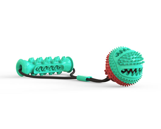 Teal and red pet pull rope toy with a textured molar stick and a spiky ball for training and chewing. - Image 7