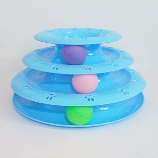 Pink three-tier cat toy with colorful blue, red, and purple balls on tracks, featuring paw print cutouts. - Image 6