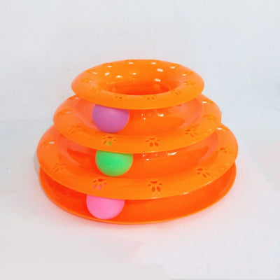 Pink three-tier cat toy with colorful blue, red, and purple balls on tracks, featuring paw print cutouts. - Image 8