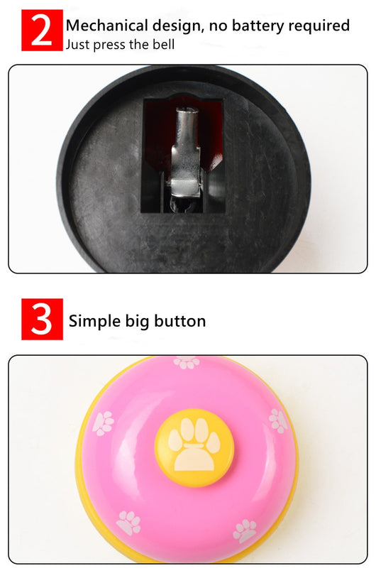 Blue and yellow pet training bell with white paw print designs and a large yellow button on top. - Image 14
