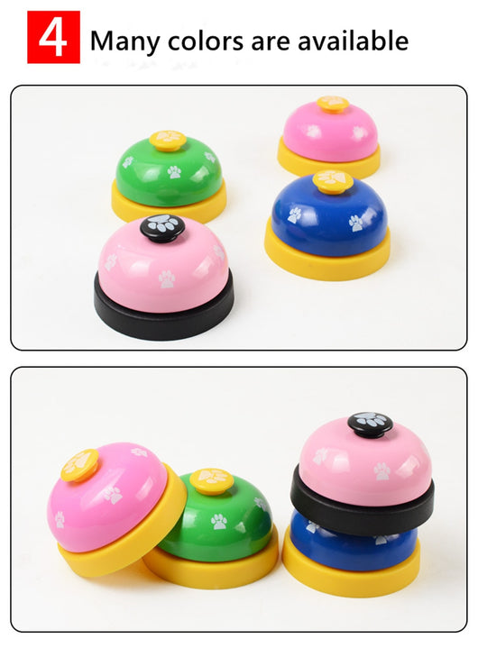Blue and yellow pet training bell with white paw print designs and a large yellow button on top. - Image 15