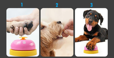 Blue and yellow pet training bell with white paw print designs and a large yellow button on top. - Image 16