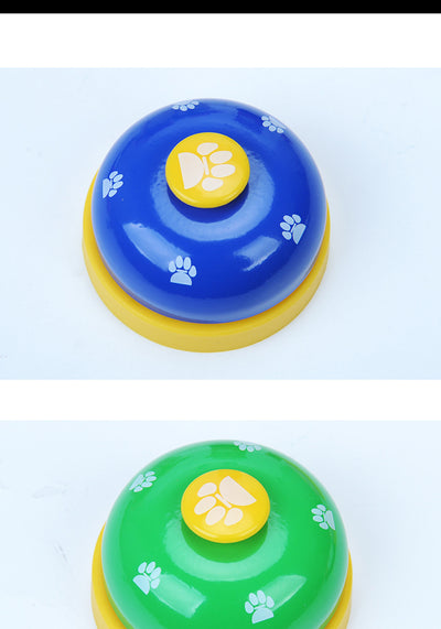 Blue and yellow pet training bell with white paw print designs and a large yellow button on top. - Image 19