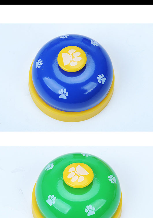 Blue and yellow pet training bell with white paw print designs and a large yellow button on top. - Image 19