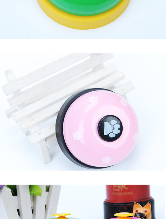 Blue and yellow pet training bell with white paw print designs and a large yellow button on top. - Image 20