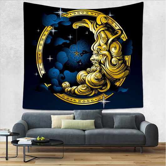 Bohemian sun and moon tapestry with a celestial pattern of golden suns and crescent moons on a dark blue background. - Image 55