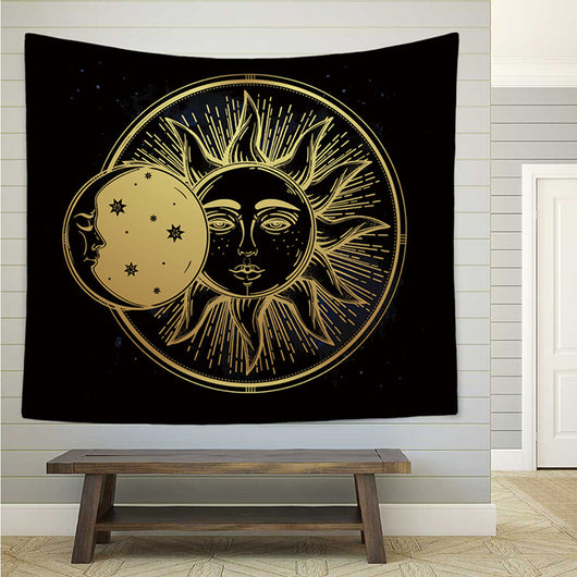 Bohemian sun and moon tapestry with a celestial pattern of golden suns and crescent moons on a dark blue background. - Image 56