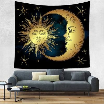 Bohemian sun and moon tapestry with a celestial pattern of golden suns and crescent moons on a dark blue background. - Image 58