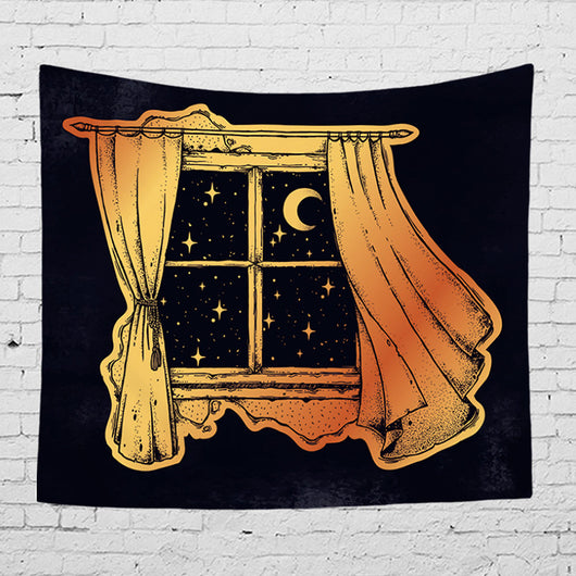 Bohemian sun and moon tapestry with a celestial pattern of golden suns and crescent moons on a dark blue background. - Image 59