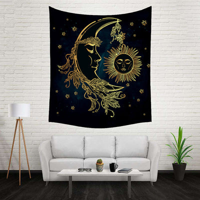 Bohemian sun and moon tapestry with a celestial pattern of golden suns and crescent moons on a dark blue background. - Image 61