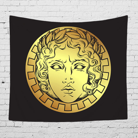 Bohemian sun and moon tapestry with a celestial pattern of golden suns and crescent moons on a dark blue background. - Image 62