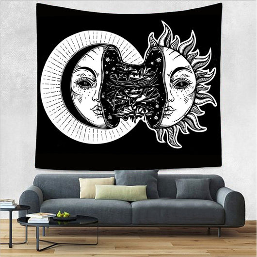Bohemian sun and moon tapestry with a celestial pattern of golden suns and crescent moons on a dark blue background. - Image 63