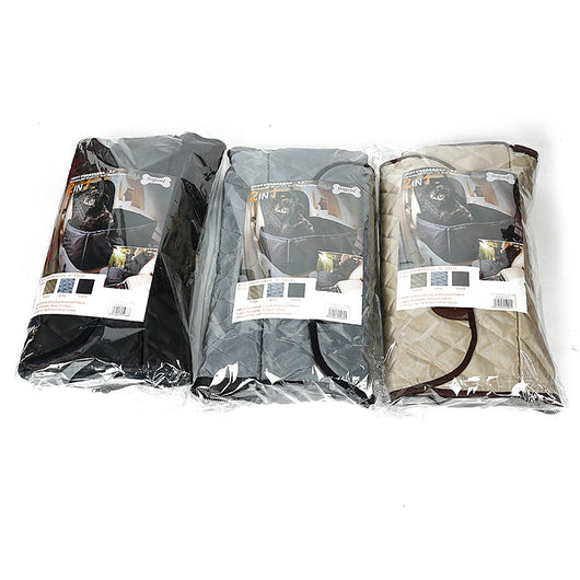 Black quilted waterproof pet car seat for front passenger seat, with a small black dog sitting inside. - Image 10