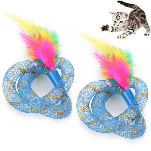 Two blue mesh cat toys with intertwined rings and colorful pink, green, and yellow feathers. - Image 4