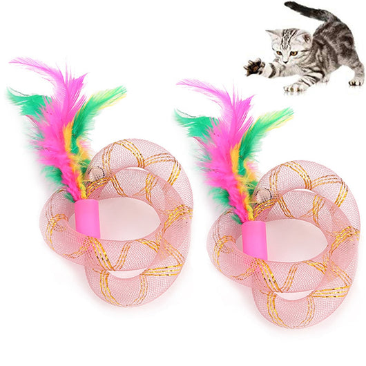 Two blue mesh cat toys with intertwined rings and colorful pink, green, and yellow feathers. - Image 5