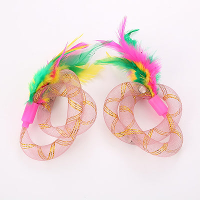 Two blue mesh cat toys with intertwined rings and colorful pink, green, and yellow feathers. - Image 6